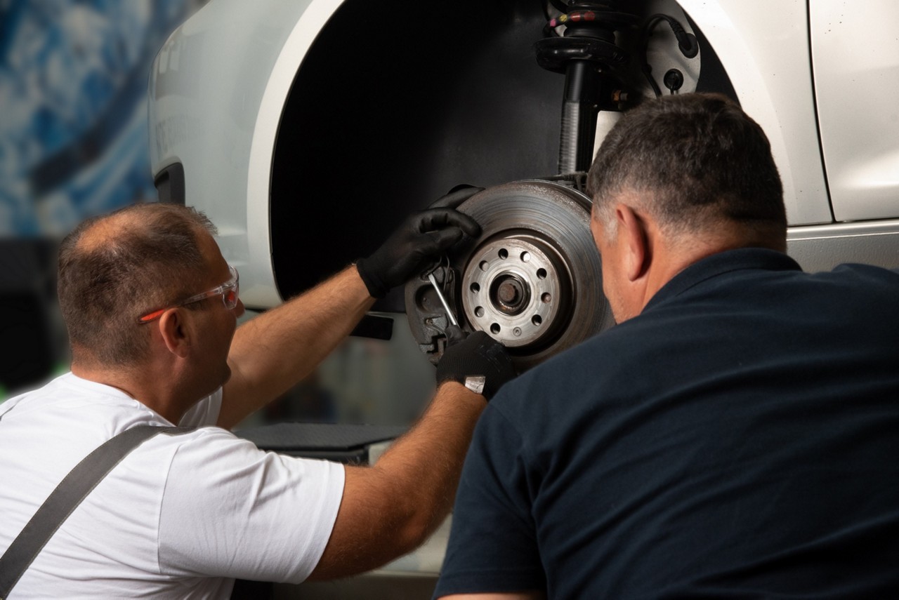 Mechanic installing brake discs in a car